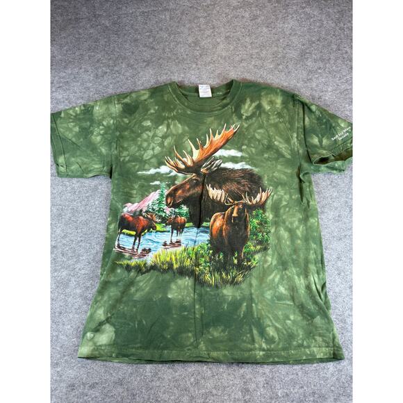 Vintage 90s Mountain Moose Animal Wildlife Nature T Shirt Mens Large Green AOP - Picture 1 of 5
